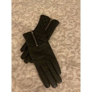 Excelled Black Leather Quilted Zipped Cashmere Lined Gloves Medium